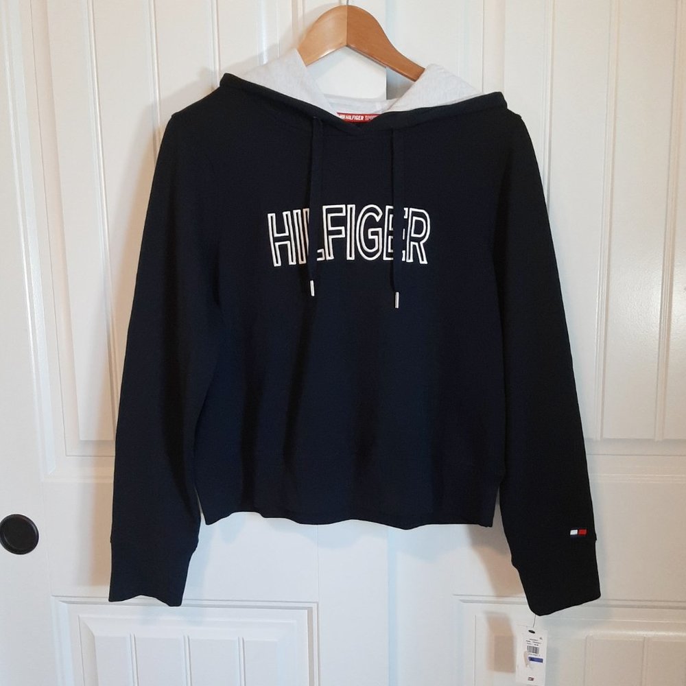 TOMMY HILFIGER SPORT NEW Women's Black Logo Cropped French Terry Hoodie